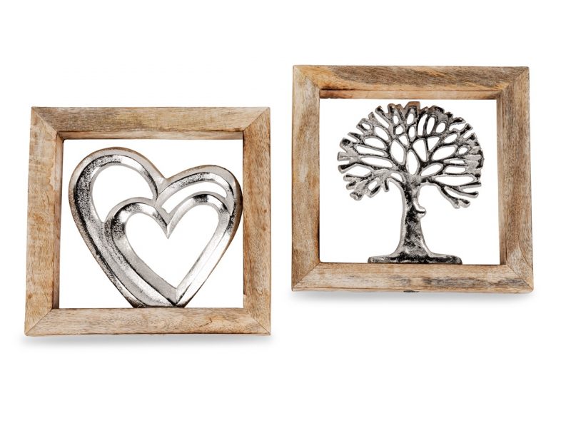 Cadre en Bois de Manguier avec Arbre de Vie ou Coeurs en Alu au Choix 20x20cm
