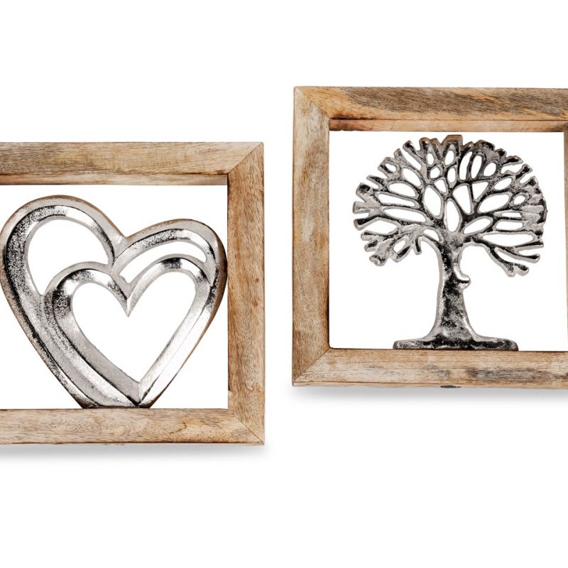 Cadre en Bois de Manguier avec Arbre de Vie ou Coeurs en Alu au Choix 20x20cm