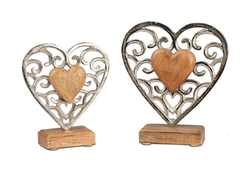 Coeur en Bois de Manguier et Alu Arabesque sur Socle en Bois H.20cm