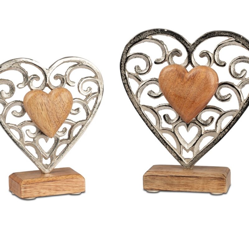 Coeur en Bois de Manguier et Alu Arabesque sur Socle en Bois H.17cm
