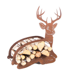 Range Bûche "Cerf Couché" en Métal Rouillé 50x30xH.64cm