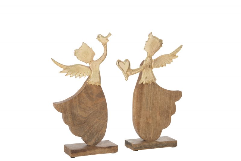 Ange en Bois et Alu Doré sur Socle, avec Coeur ou Oiseau au Choix 21,5x5x33cm