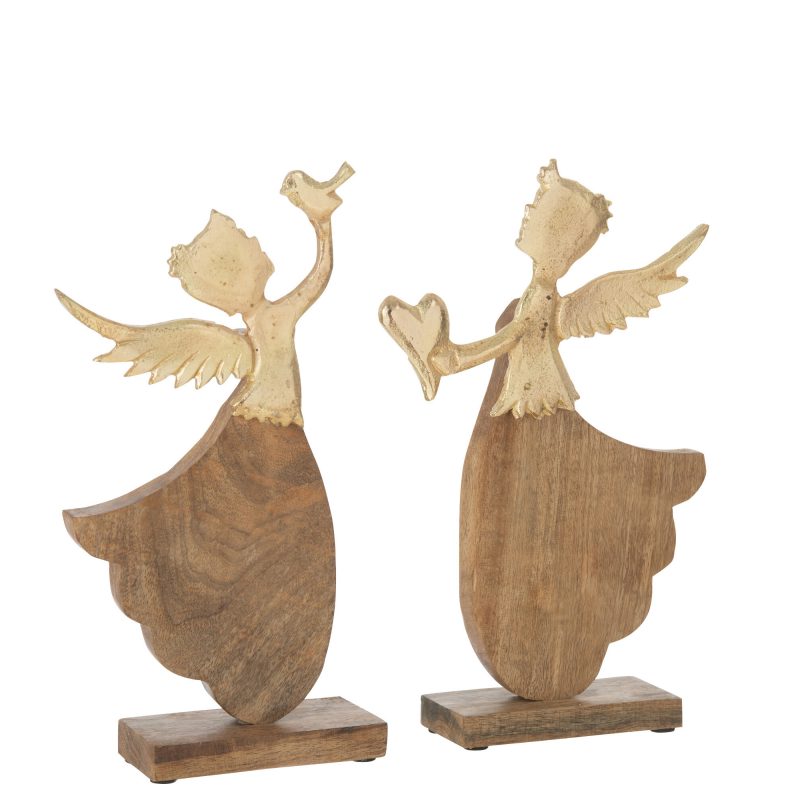 Ange en Bois et Alu Doré sur Socle, avec Coeur ou Oiseau au Choix 21,5x5x33cm