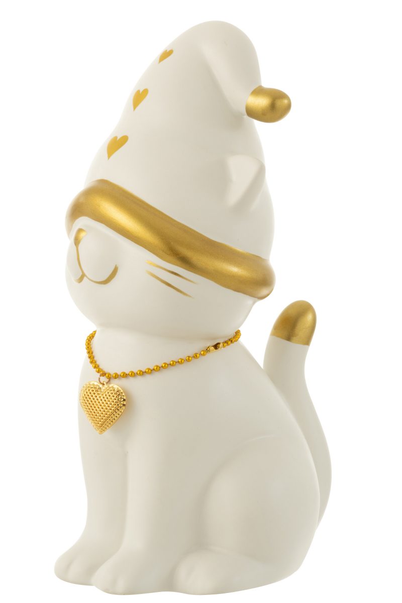 Chat Collier Coeur avec Chapeau, en Dolomite Blanc et Or 16,2x13,6x29,4cm – Image 3