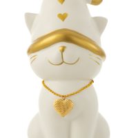 Chat Collier Coeur avec Chapeau, en Dolomite Blanc et Or 16,2x13,6x29,4cm