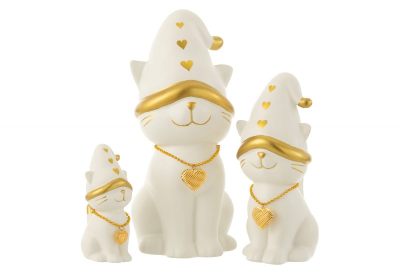 Chat Collier Coeur avec Chapeau, en Dolomite Blanc et Or 16,2x13,6x29,4cm – Image 2