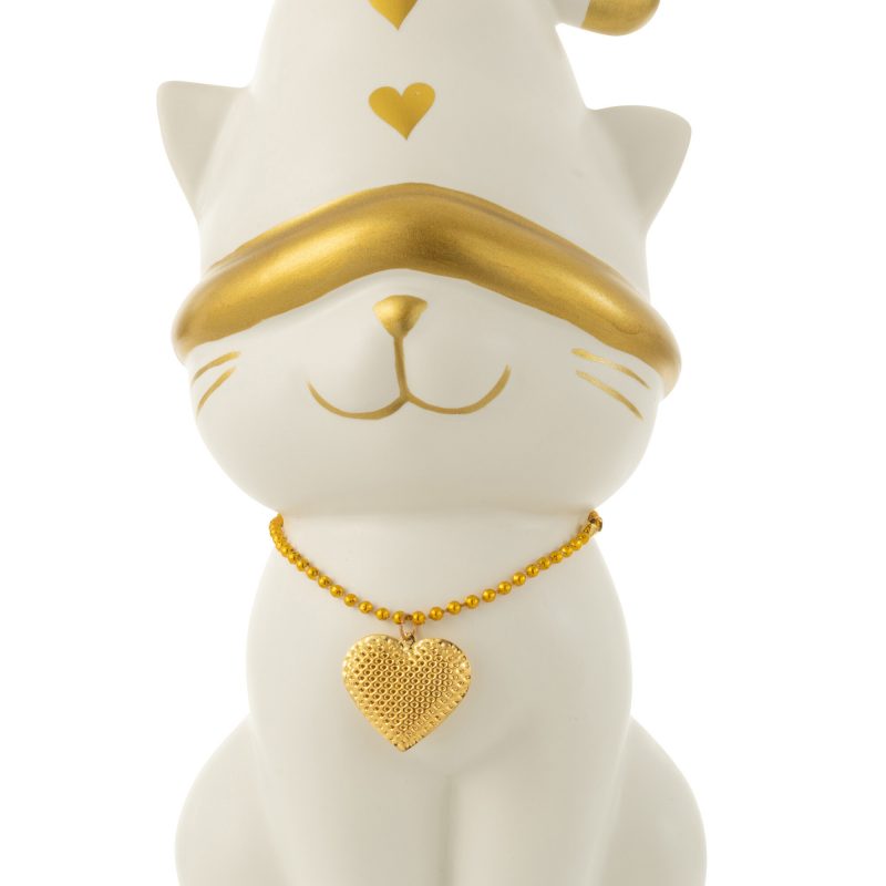 Chat Collier Coeur avec Chapeau, en Dolomite Blanc et Or 16,2x13,6x29,4cm