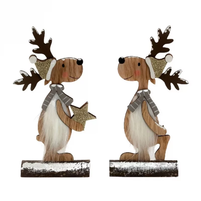 Cerf sur Bûche en Bois H.24cm, 2 Modèles au Choix