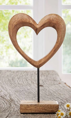 Coeur Décoratif en Bois de Manguier, Tige Métal Noir Laqué, H.25cm