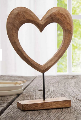 Coeur Décoratif en Bois de Manguier, Tige Métal Noir Laqué, H.31cm