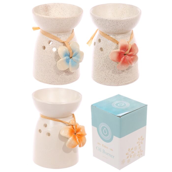 Brûle Parfum Céramique Mouchetée Crème avec Fleurs, Coloris au Choix 11x8x8cm