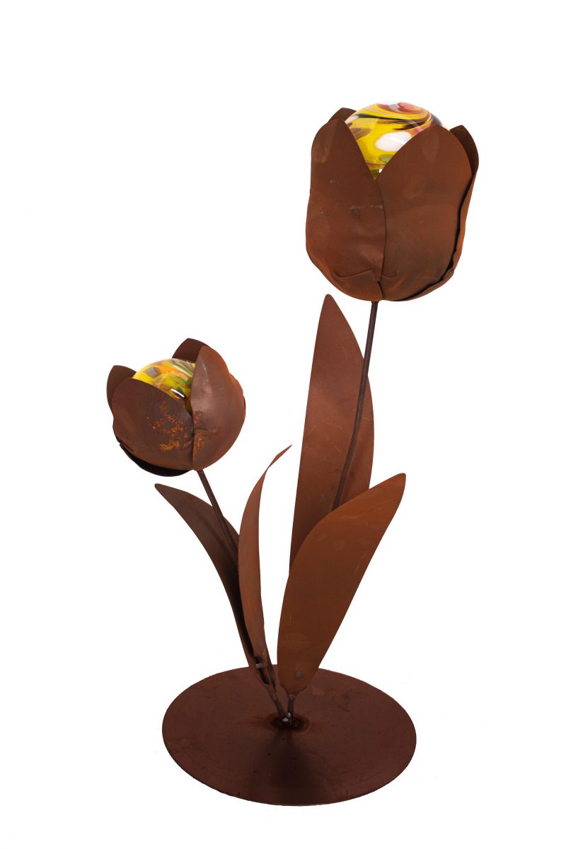 Tulipes sur Socle en Métal Rouillé avec Sphères en Verre Jaune ø10cm et ø12cm