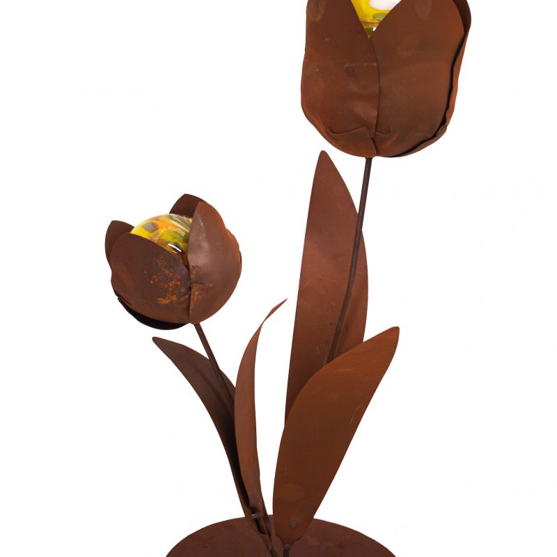 Tulipes sur Socle en Métal Rouillé avec Sphères en Verre Jaune ø10cm et ø12cm