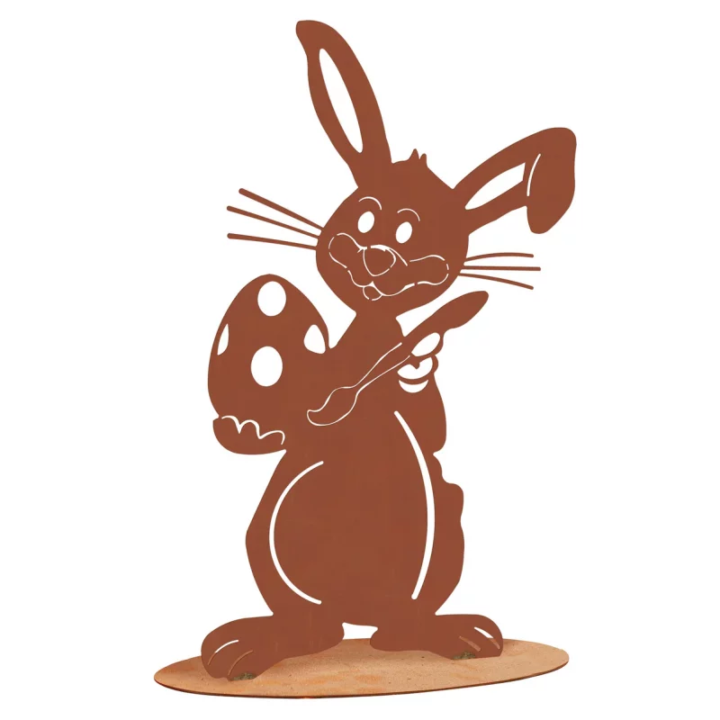 Lapin qui peint un Oeuf sur Socle en Métal Rouillé 21x34cm