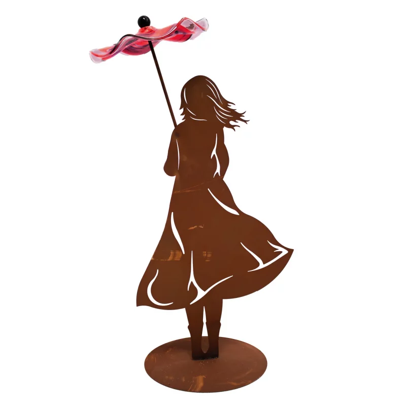 Fille sur Socle Ovale en Métal Rouillé, avec Parapluie en Verre ø22cm, Divers Coloris, 22xH.70cm