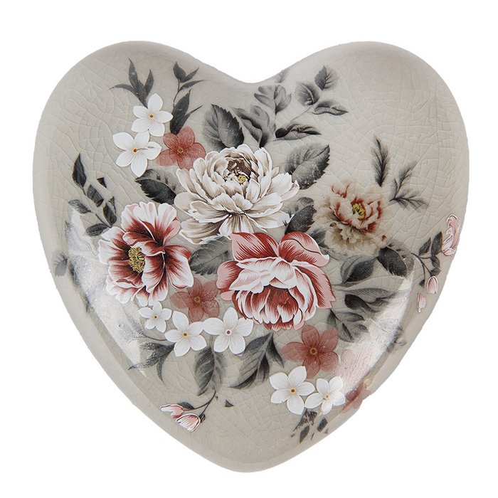 Coeur Décoratif en Céramique Grise Fleurie 11x11x4cm