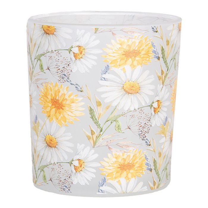 Photophore en Verre Décor Floral Jaune et Blanc ø7x10cm