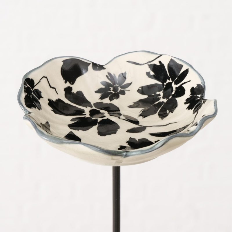 Piquet de Jardin "Esra" Bain d'Oiseau Poterie Noire et Banche Fleurie H.79cm