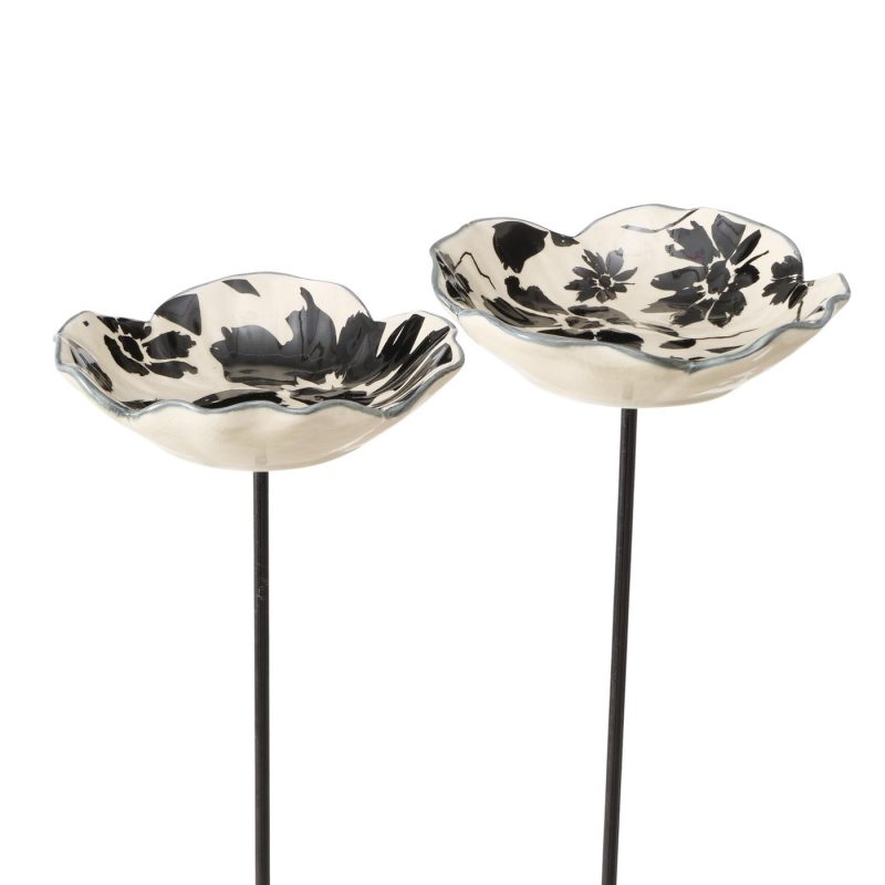 Piquet de Jardin "Esra" Bain d'Oiseau Poterie Noire et Banche Fleurie H.79cm – Image 7