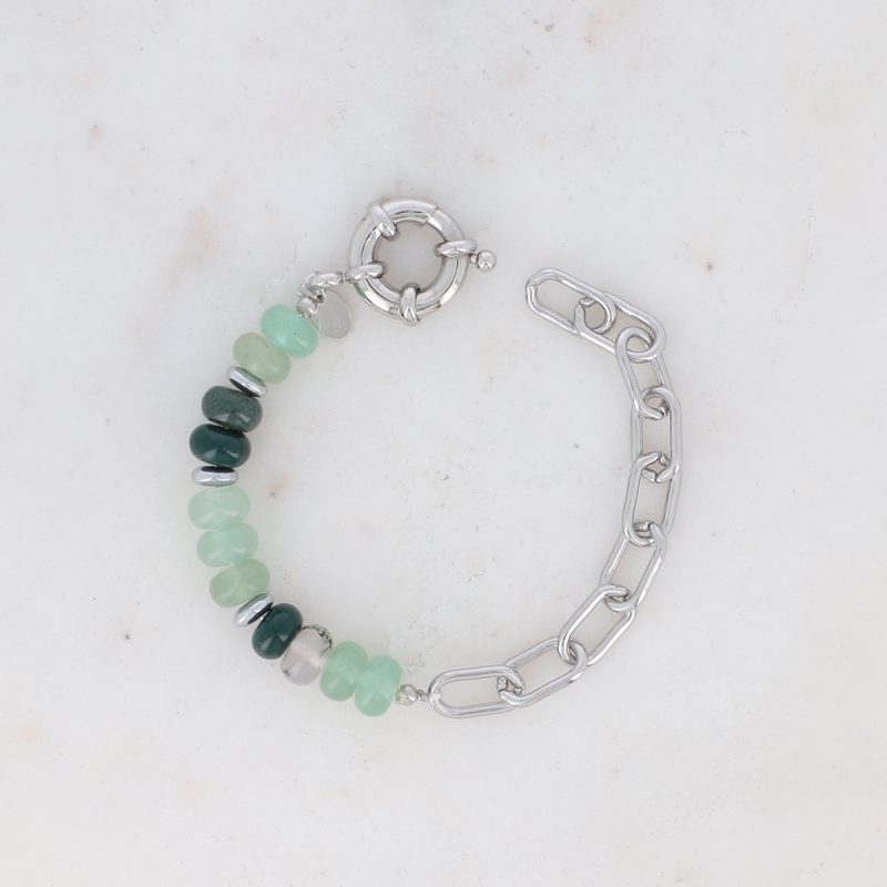 Bracelet Austyn Rhodium - Maille Ovale et Pierres Naturelles Agate Verte