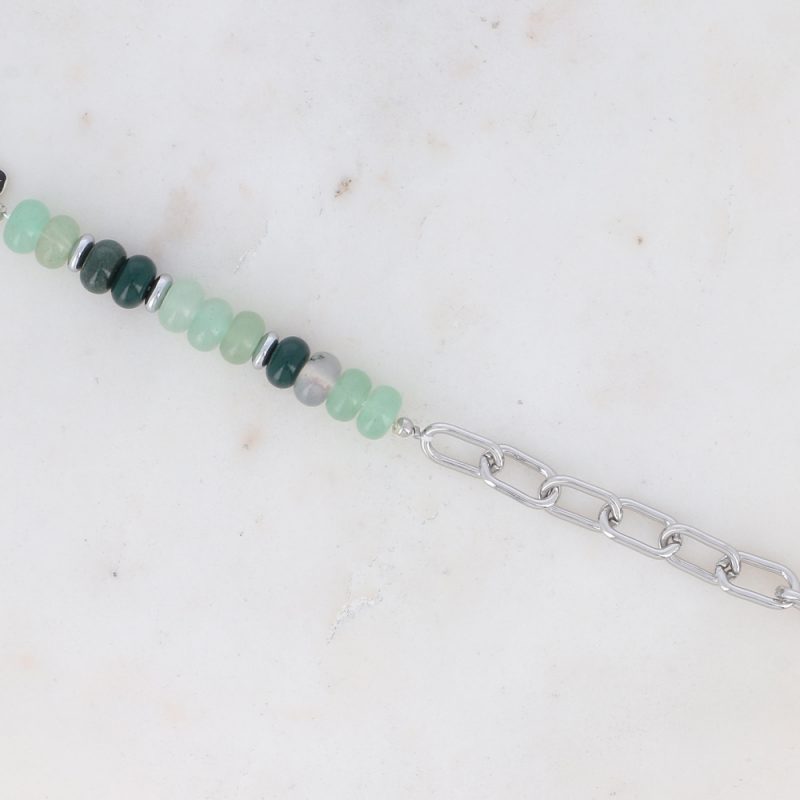 Bracelet Austyn Rhodium - Maille Ovale et Pierres Naturelles Agate Verte – Image 2