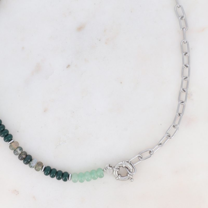 Collier Austyn Rhodium - Maille, Mousqueton et Pierres Naturelles Agate Verte