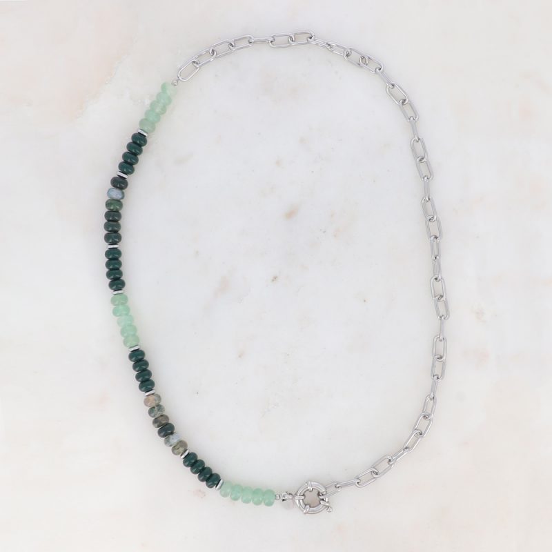 Collier Austyn Rhodium - Maille, Mousqueton et Pierres Naturelles Agate Verte – Image 2
