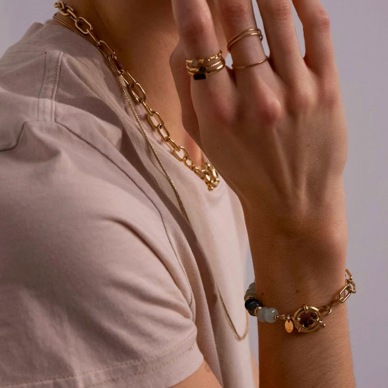 Bracelet Austyn Rhodium - Maille Ovale et Pierres Naturelles Agate Verte – Image 3