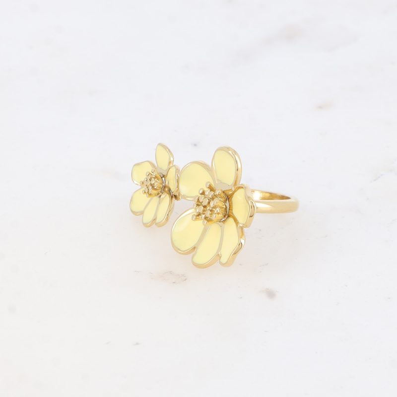 Bague Bulla Doré Double Fleur Emaillée Jaune – Image 3