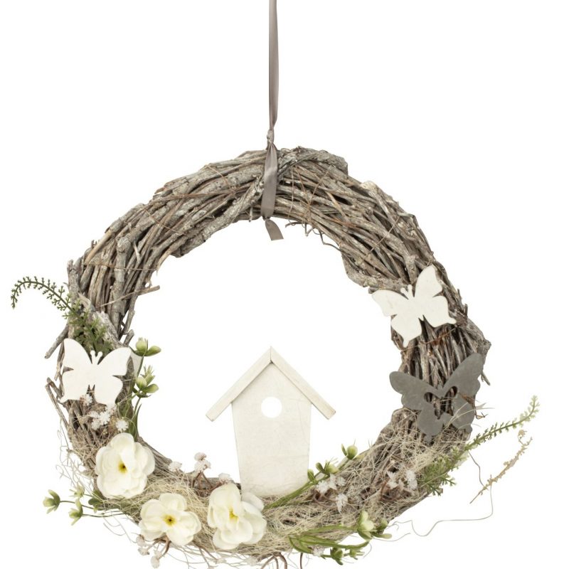 Couronne de Saule avec décoration florale, papillon, nichoir ø30cm