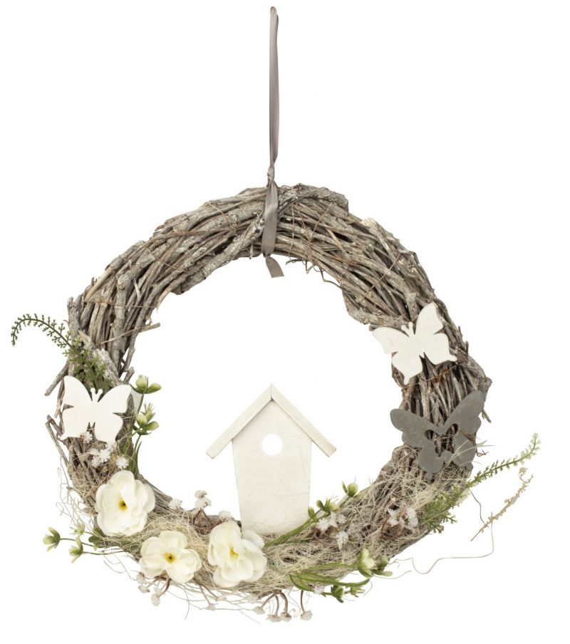 Couronne de Saule avec décoration florale, papillon, nichoir ø30cm