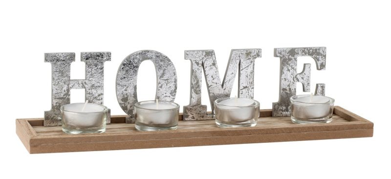 Bougeoir "Home" pour 4 Bougies, en Métal et Bois 8,5x35,5cm