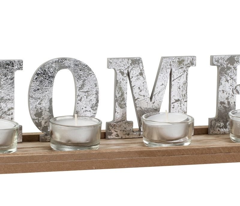 Bougeoir "Home" pour 4 Bougies, en Métal et Bois 8,5x35,5cm