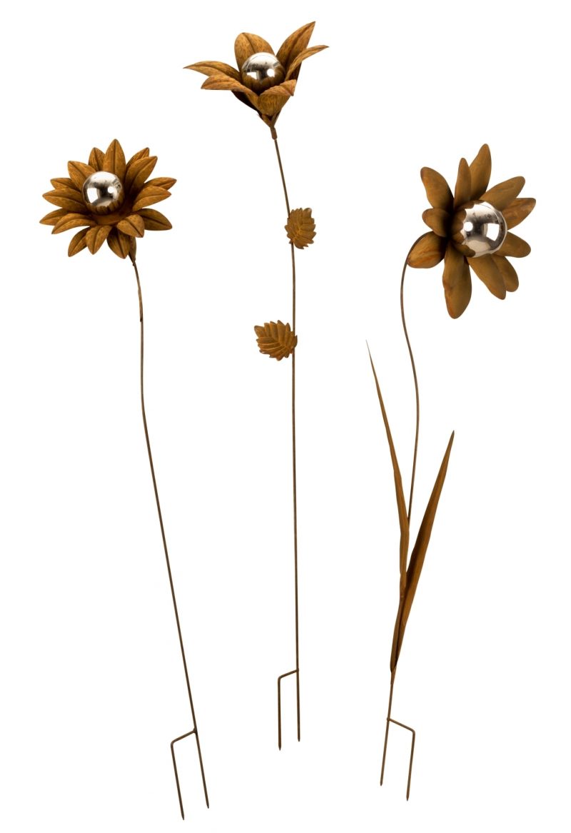 Piquet Fleur en Métal Rouillé avec Boule Inox, 3 Modèles au Choix ø22 à 25cm H.78 à 82cm