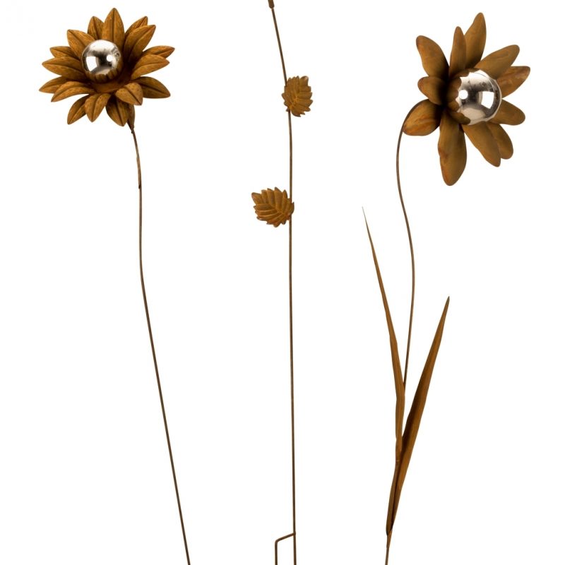 Piquet Fleur en Métal Rouillé avec Boule Inox, 3 Modèles au Choix ø22 à 25cm H.78 à 82cm