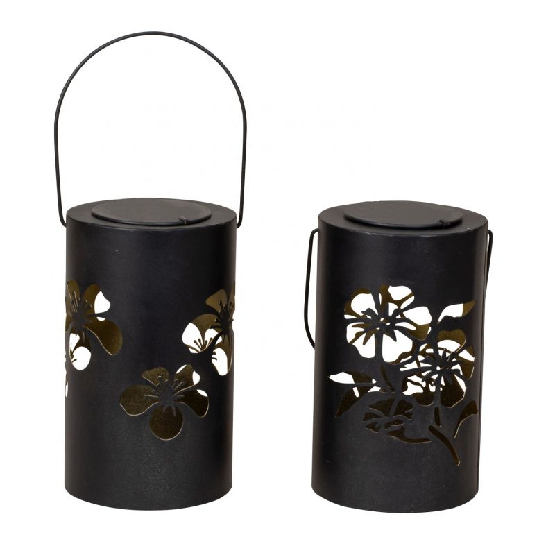 Lanterne Solaire en Métal Noir Décor Floral, 2 Modèles au Choix, ø12cm H.20cm
