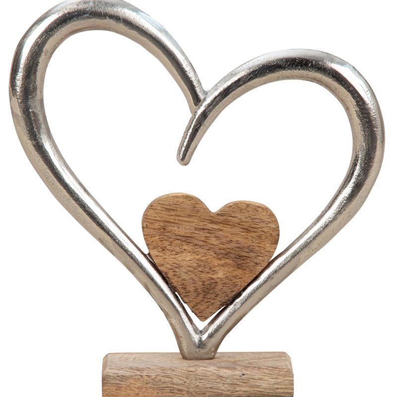 Double Coeur en Alu et Bois sur Socle en Bois 20x22cm