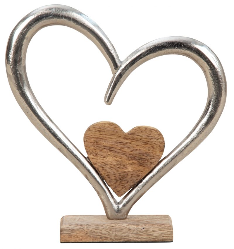 Double Coeur en Alu et Bois sur Socle en Bois 20x22cm