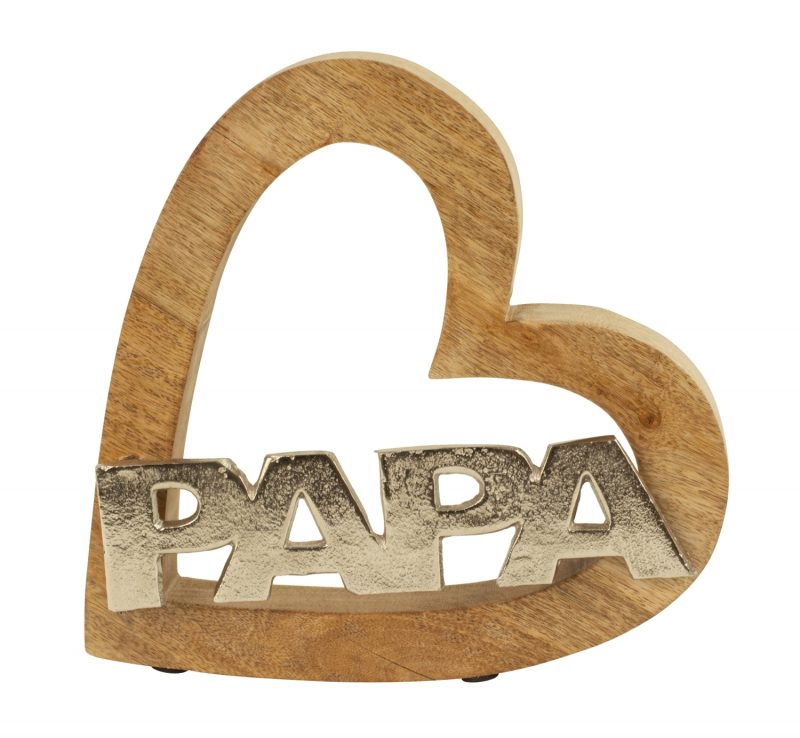 Coeur "PAPA" en Alu et Bois sur Socle en Bois 26x25cm