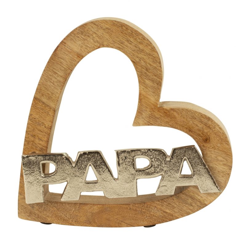 Coeur "PAPA" en Alu et Bois sur Socle en Bois 26x25cm