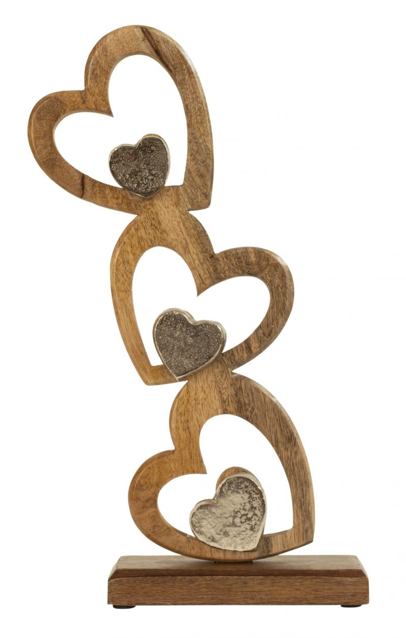 Six Coeurs en Alu et Bois sur Socle en Bois 22,5x40cm