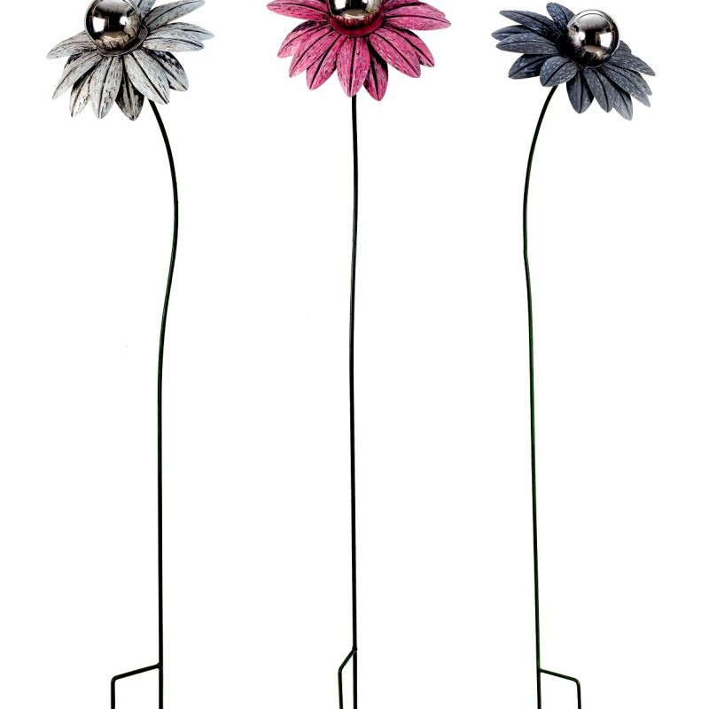 Piquet Fleur en Métal avec Boule Inox, 3 Couleurs au Choix, ø20cm H.90cm