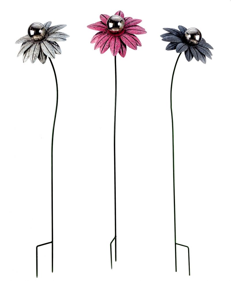 Piquet Fleur en Métal avec Boule Inox, 3 Couleurs au Choix, ø20cm H.90cm