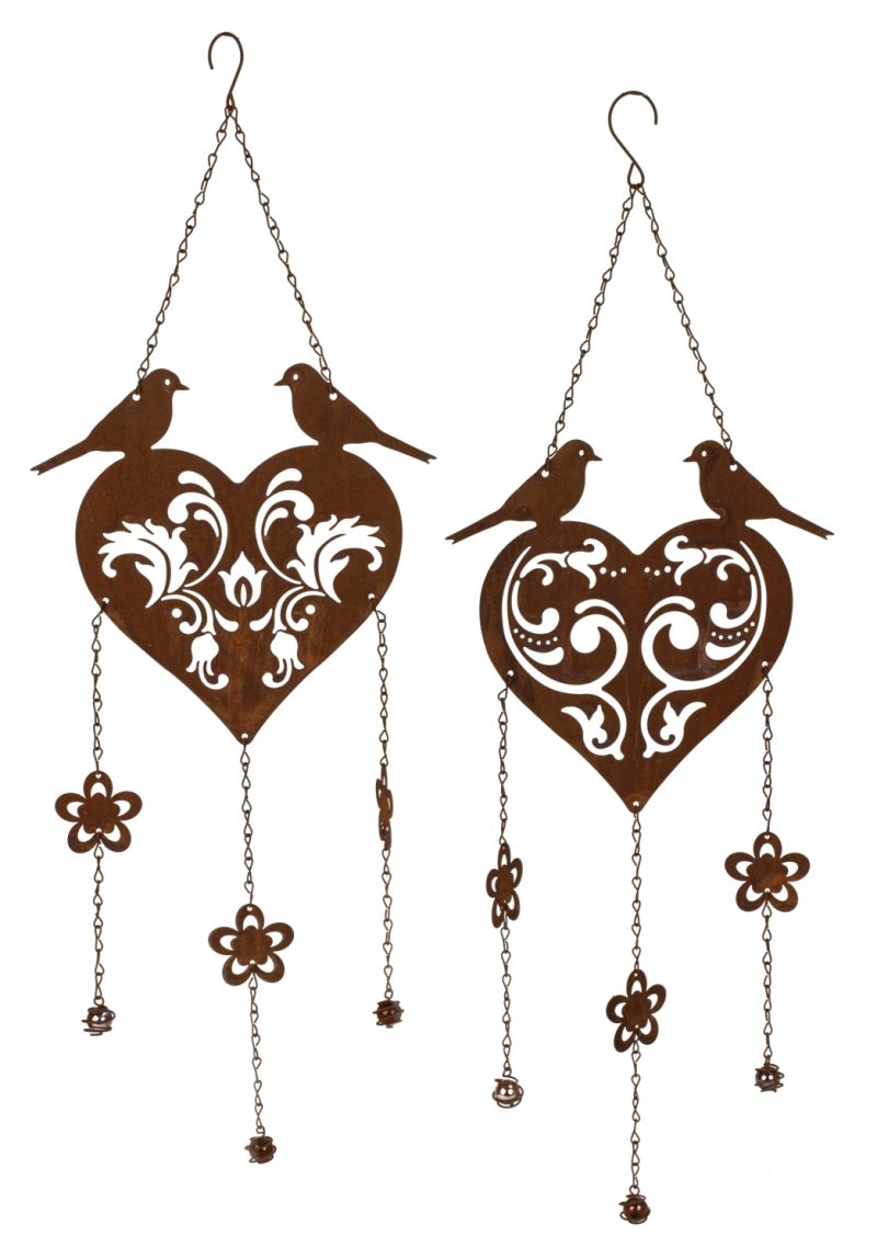 Pendentif Coeur avec Pampilles et Oiseaux en Métal Rouillé, 2 Modèles au Choix 25x71cm