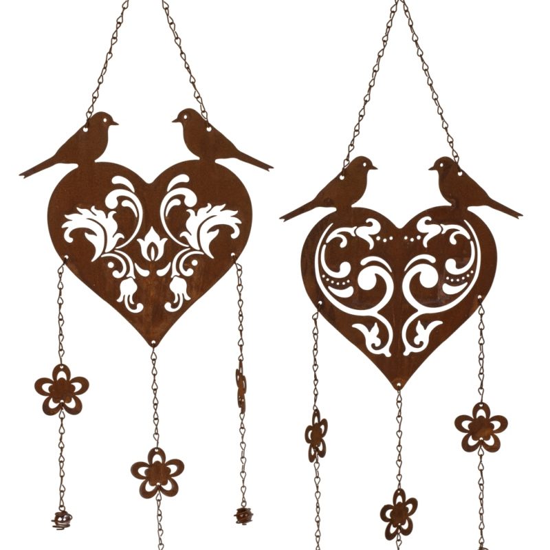 Pendentif Coeur avec Pampilles et Oiseaux en Métal Rouillé, 2 Modèles au Choix 25x71cm