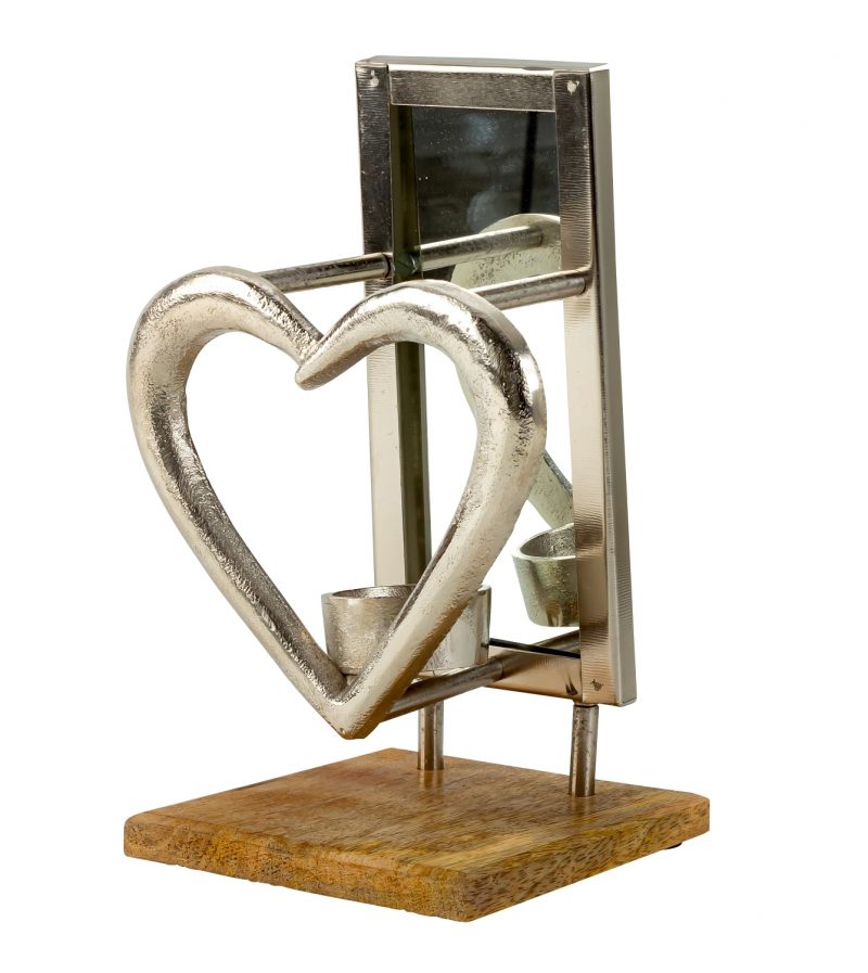 Bougeoir Coeur devant Miroir sur Socle en Bois 15xH.24cm – Image 2