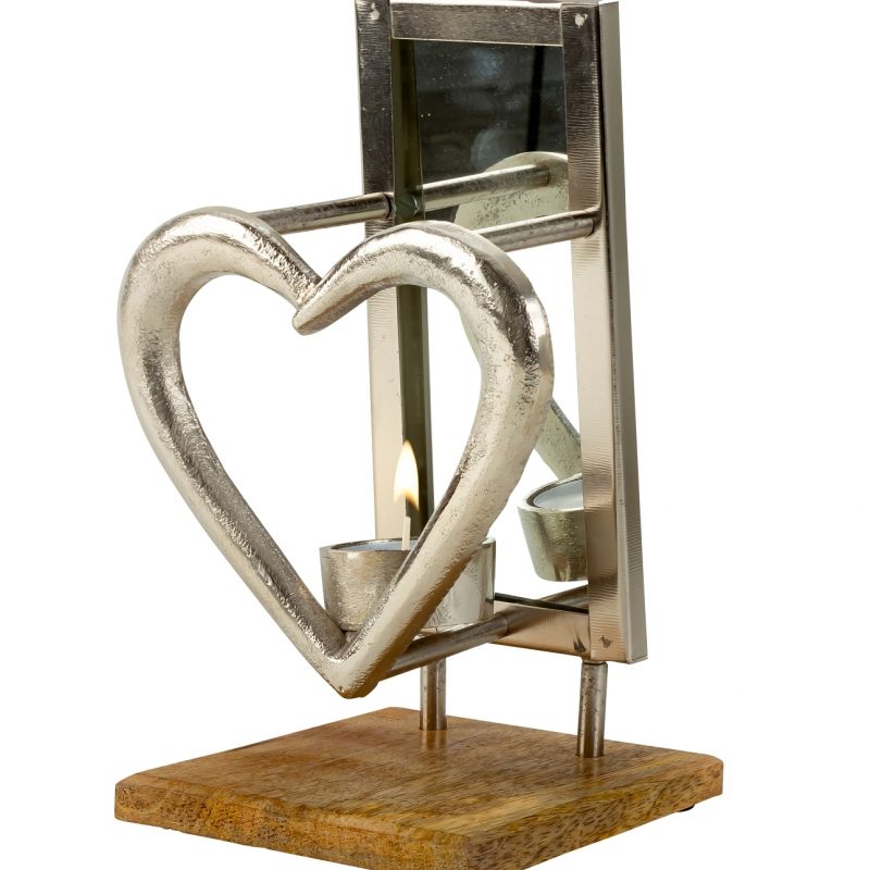 Bougeoir Coeur devant Miroir sur Socle en Bois 15xH.24cm
