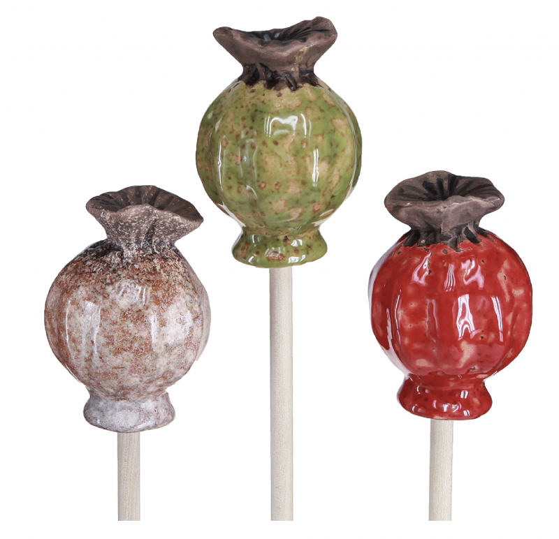 Fleur de Pavot en Céramique sur Tige en Bois, 3 Couleurs au Choix, ø6 x 35m