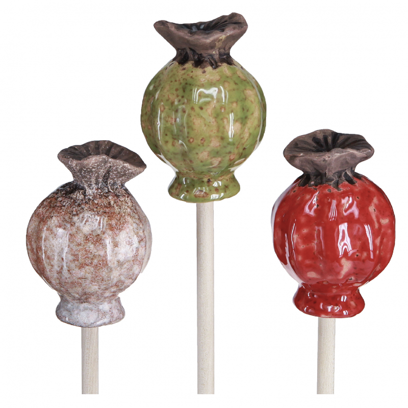 Fleur de Pavot en Céramique sur Tige en Bois, 3 Couleurs au Choix, ø6 x 35m