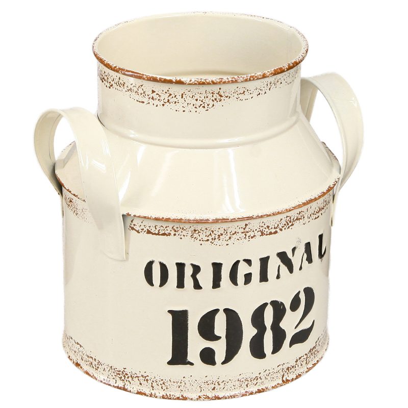 Pot à Lait Vintage "1982" en Métal Blanc Vieilli H.16cm